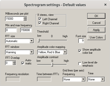 Entering Spectrogram Setting - Defaults menu