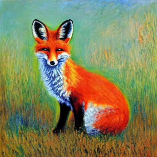 StableDiffusion's prompt: 'a painting of a fox sitting in a field at sunrise in the style of Claude Monet'